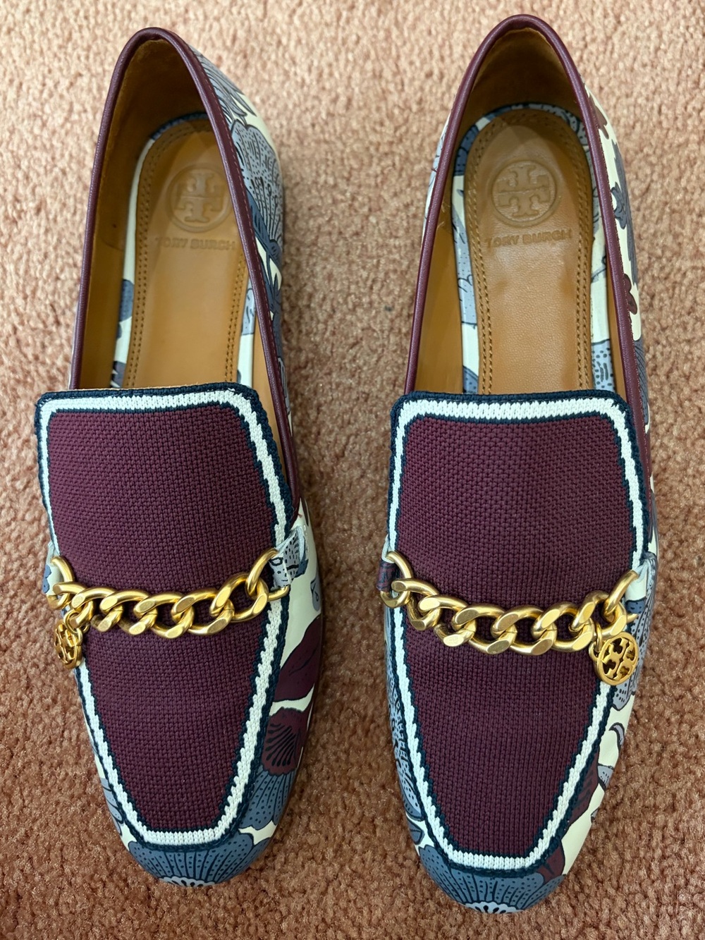 Tory Burch Women’s Burgundy and Cream Chain-Trim Loafers
